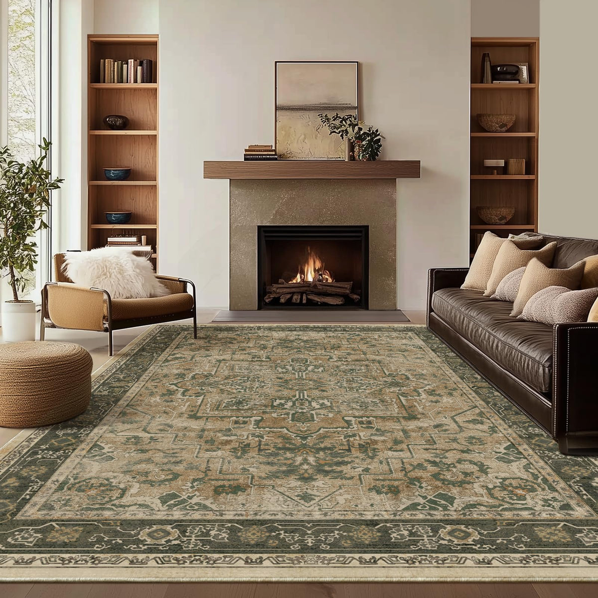 Vintage Distressed 5x7 Area Rugs for Living Room Bedroom Non Slip Washable, Medallion Pattern Printed Low Pile Thin Carpet Rugs for Dining Room/Kitchen/Home Office, Multi Brown Olive Accents
