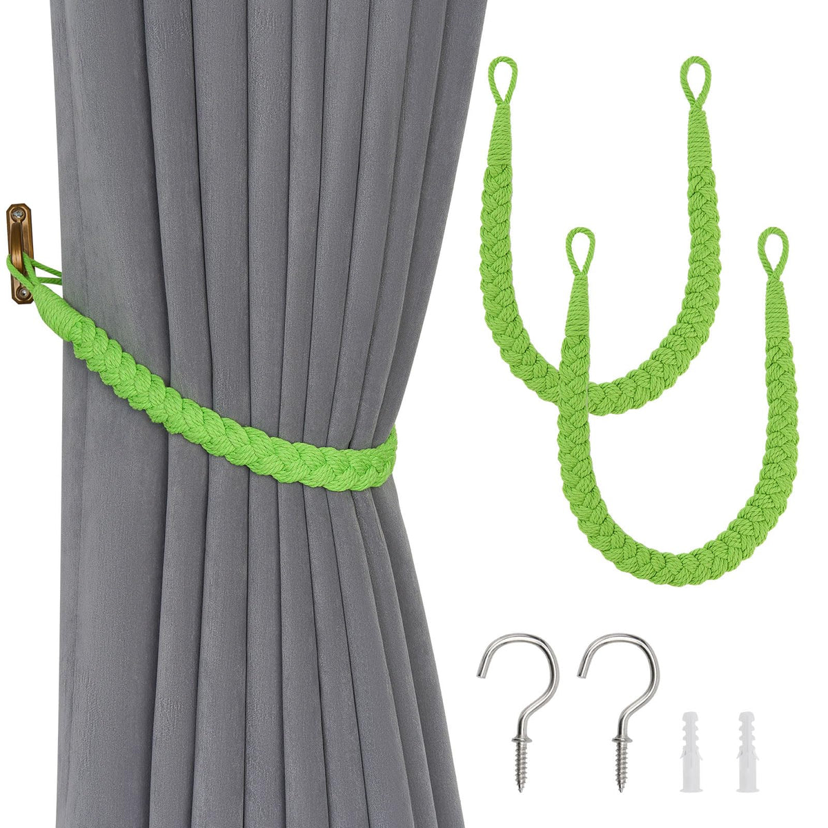 NICEEC 2 Pack Natural Cotton Rope Curtain Tiebacks Elegant Boho Style Decorative Drape Tie Backs Soft Hand-Woven Rope Curtain Holdbacks with Metal Hook for Home & Office Drapery (Coffee)
