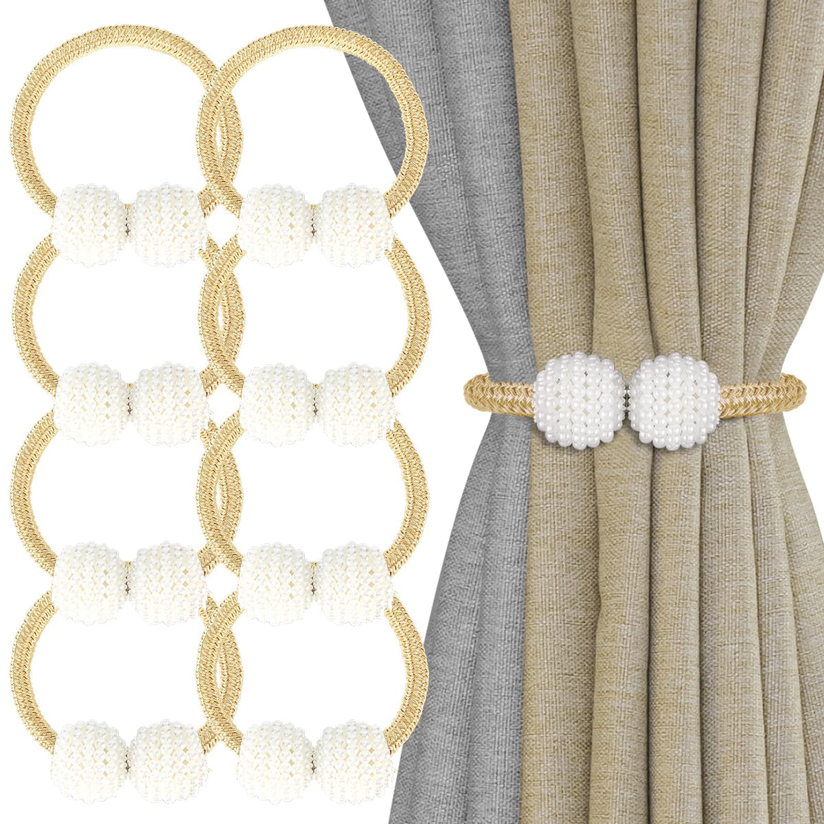 8 Pack Magnetic Curtain Tiebacks with Pearls,Elegant Window Treatment Holdbacks for Heavy Outdoor Drapes (Grey)
