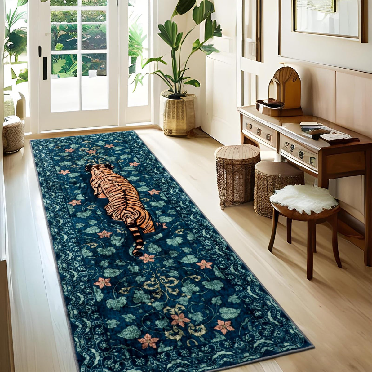 Tiger Round Area Rugs for Living Room 6ft, Boho Green Animal Print Bedroom Circle Rugs Non Slip, Washable Botanical Jungle Floor Carpet for Dining Room Entryway Nursery Playroom Office Spring