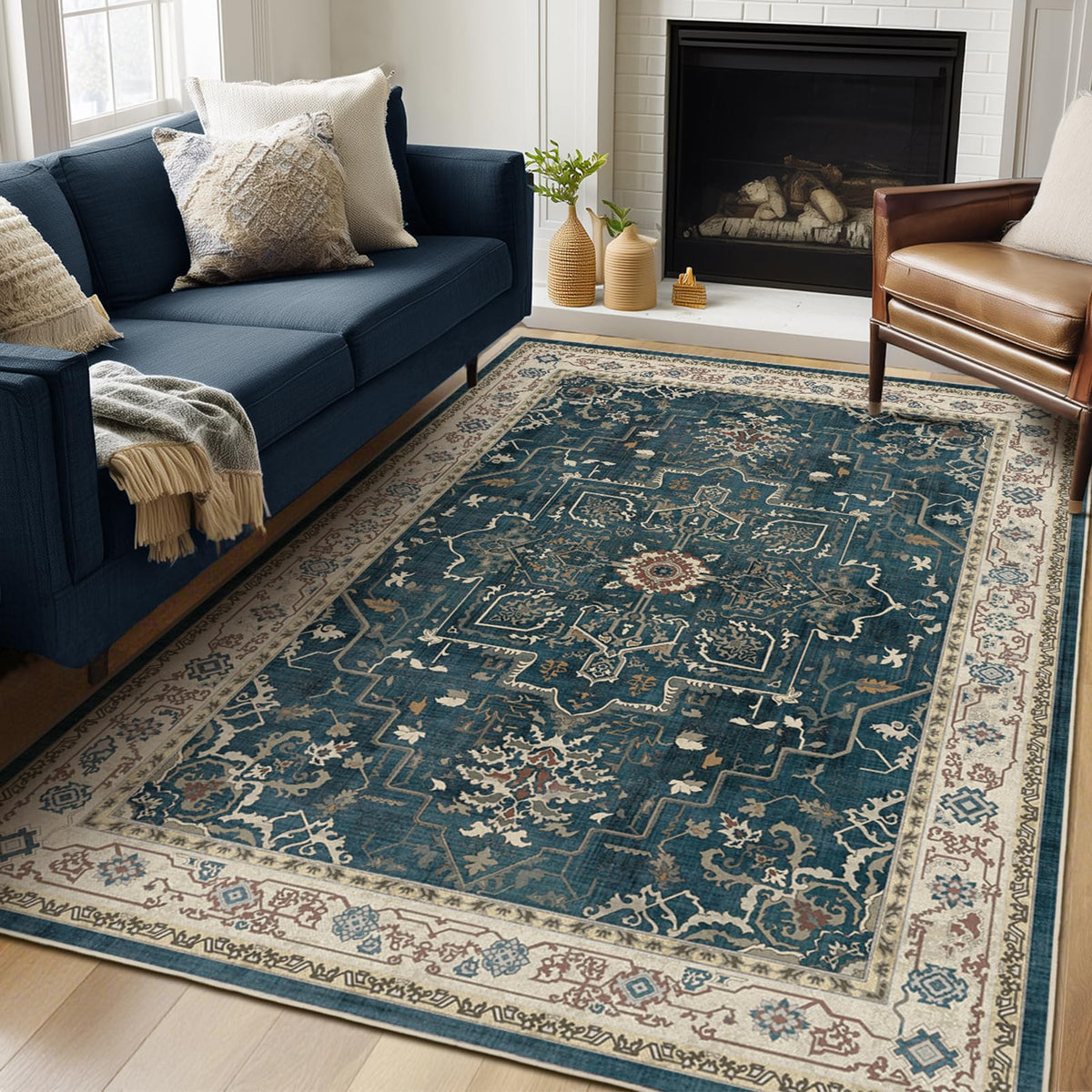 Vintage Distressed 5x7 Area Rugs for Living Room Bedroom Non Slip Washable, Medallion Pattern Printed Low Pile Thin Carpet Rugs for Dining Room/Kitchen/Home Office, Multi Brown Olive Accents
