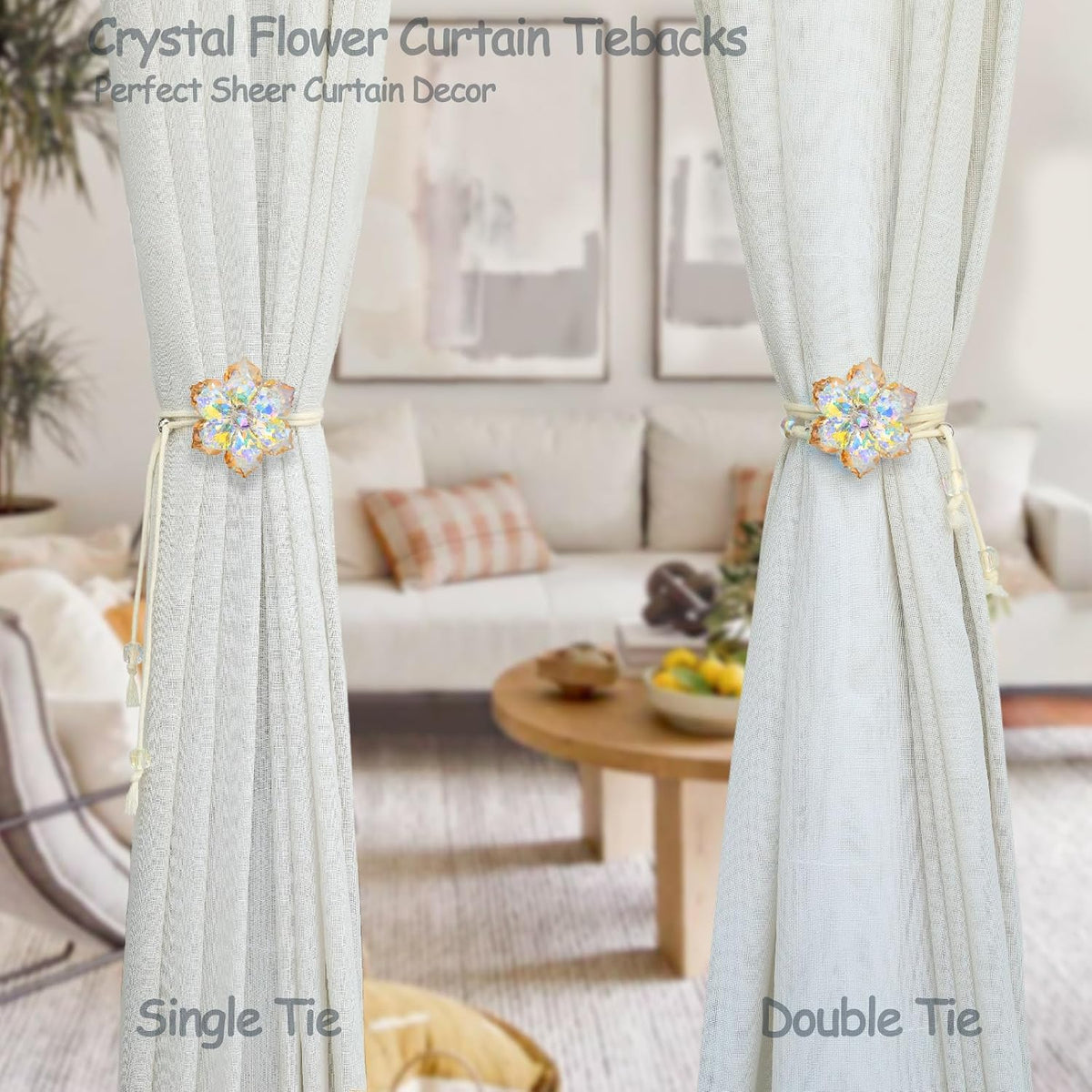 Magnetic Curtain Tiebacks, Crystal Flower Adjustable Rope Curtain Tie Backs, 2 Pack Boho Farmhouse Drapes Sheers Holdbacks for Window Home Decor (Gold)