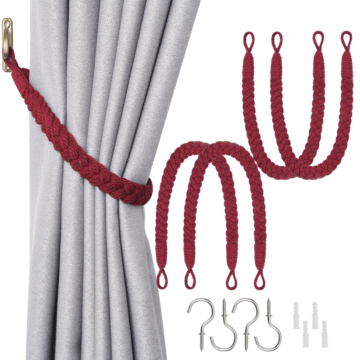 NICEEC 2 Pack Natural Cotton Rope Curtain Tiebacks Elegant Boho Style Decorative Drape Tie Backs Soft Hand-Woven Rope Curtain Holdbacks with Metal Hook for Home & Office Drapery (Coffee)