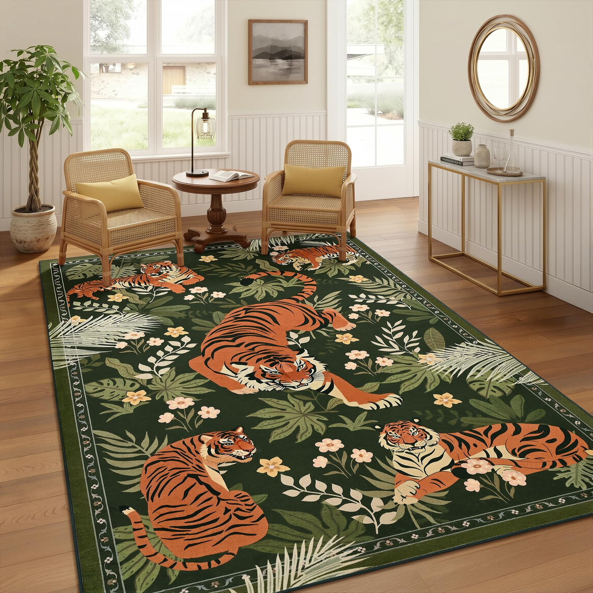 Zentavio Tiger Area Rug 6x9, Vintage Safari Animal Print Rug, Washable Non Slip Boho Camel Carpet for Living Room Bedroom