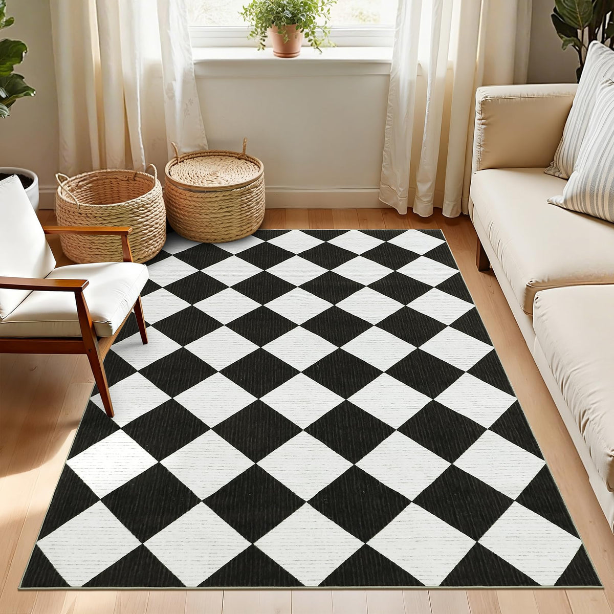GarveeHome 5x7 Checkered Area Rug Black and Brown Washable Living Room Rug