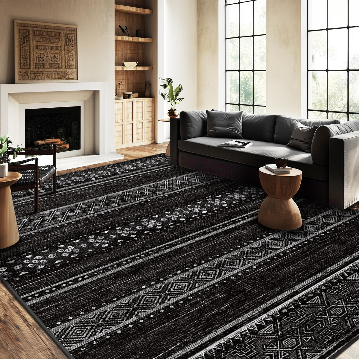 8x10 Washable Area Rugs for Living Room Boho Bedroom Rug Black/Brown