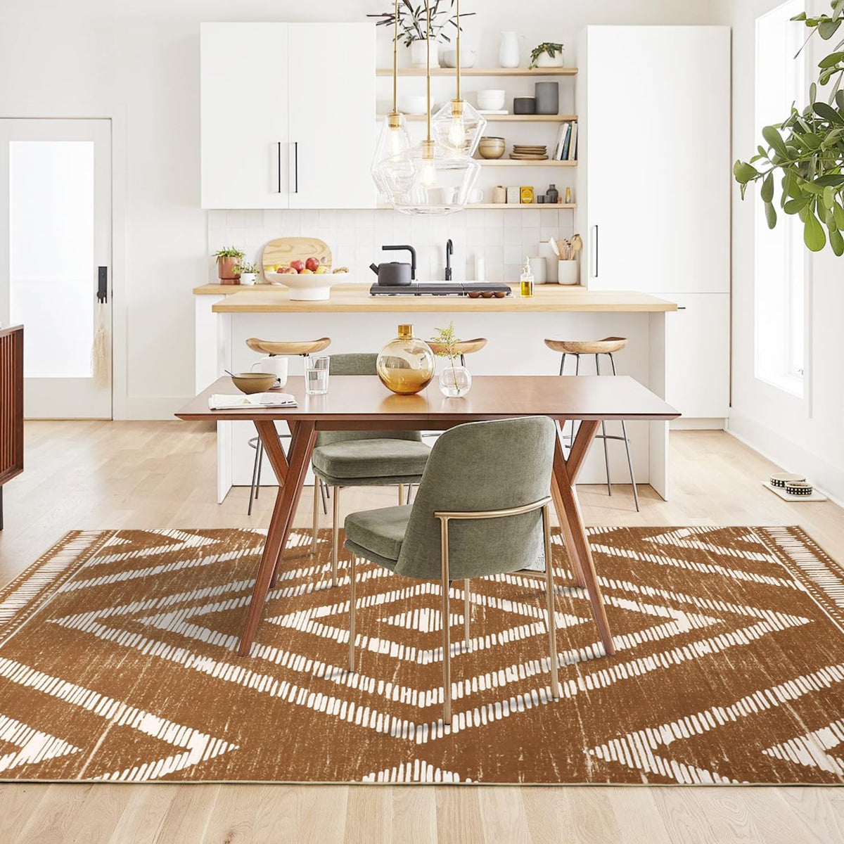 Boho Washable Rugs 5x7ft Non Slip, Low Pile Area Rug for Living Room, Brown Moroccan Bedroom Carpets, Non Shedding Soft Floor Carpet for Dining Room Bathroom Nursery Kitchen Office
