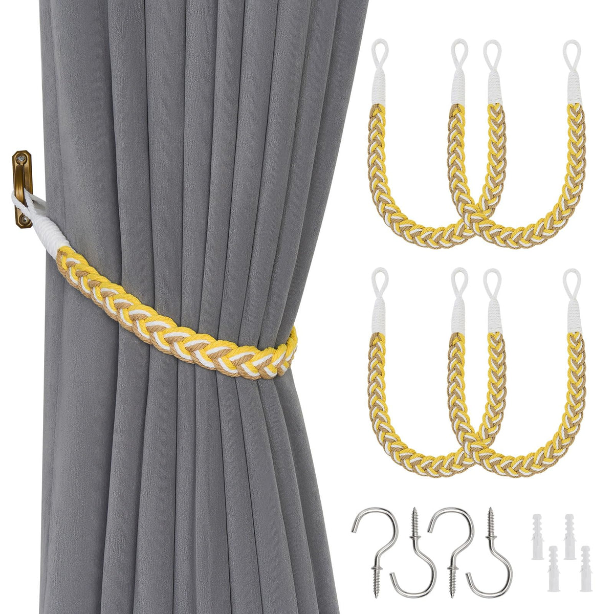 NICEEC 2 Pack Natural Cotton Rope Curtain Tiebacks Elegant Boho Style Decorative Drape Tie Backs Soft Hand-Woven Rope Curtain Holdbacks with Metal Hook for Home & Office Drapery (Coffee)