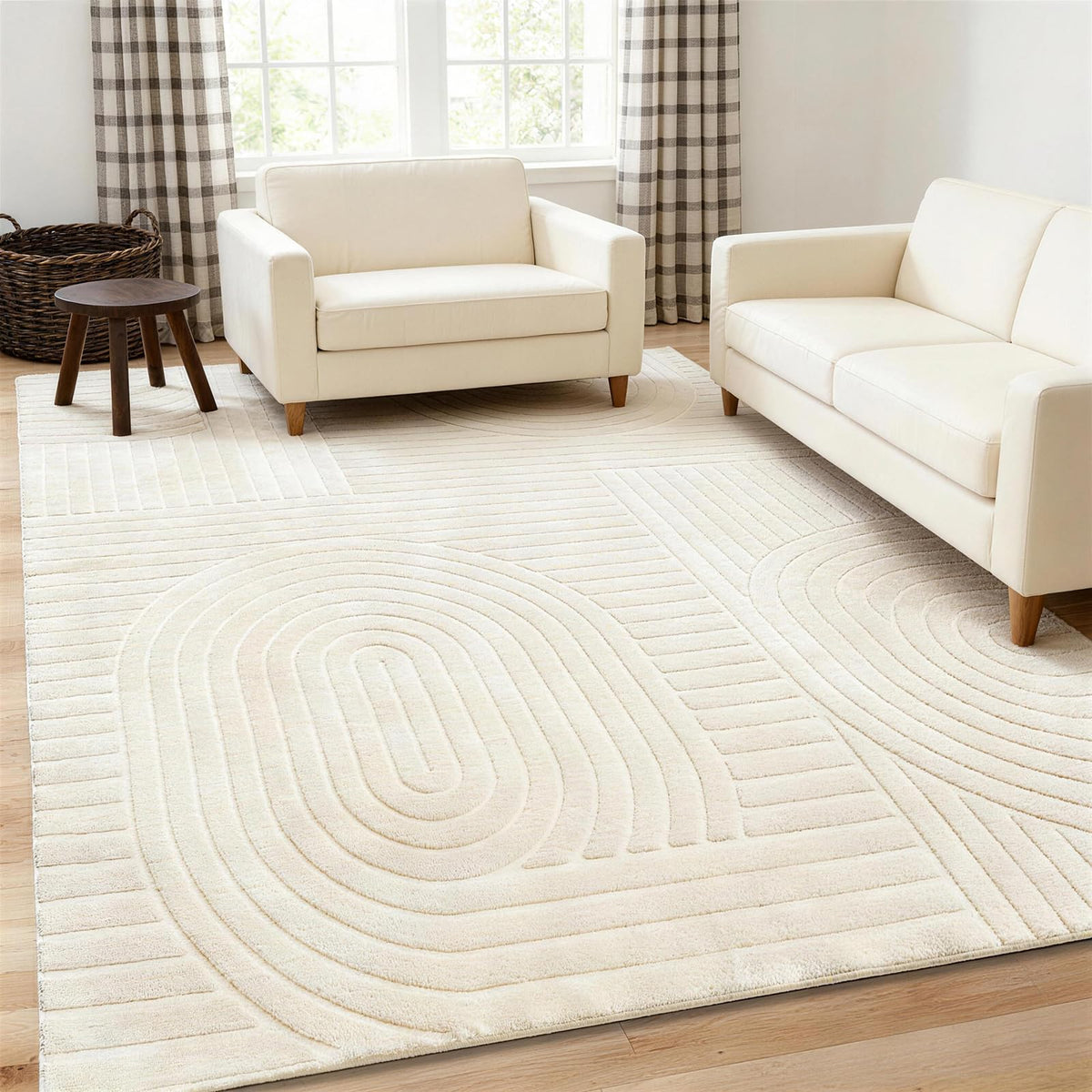 5x7 Solid Beige Area Rugs for Living Room, Geometric Washable Rug