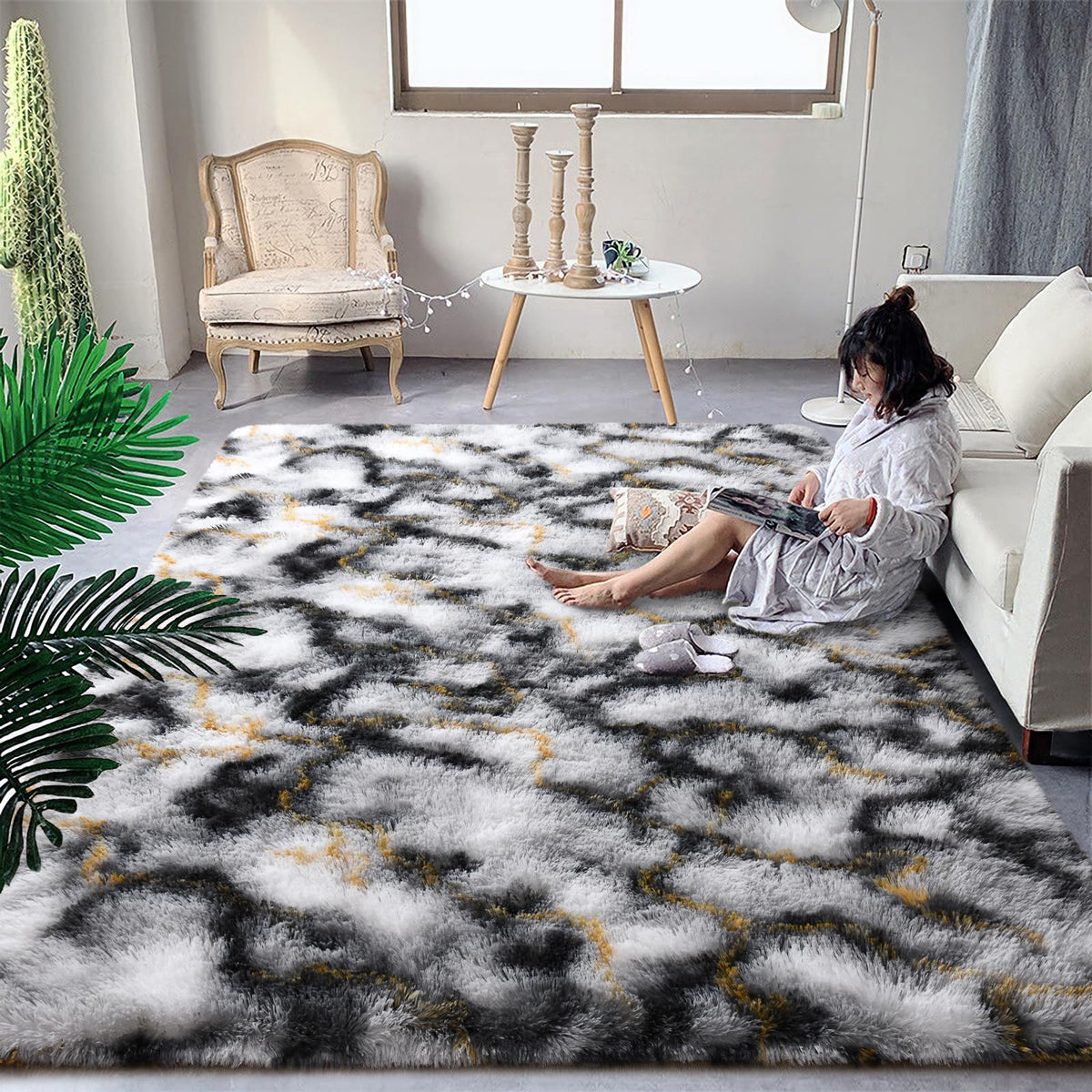 DweIke Fluffy Black White Rugs for Bedroom Living Room, 4x6 Feet Soft Plush Shaggy Cow Hide Print Girls Boys Kids Rug, Non-Slip and Machine Washable Carpet for Dorm Nursery Classroom Decor