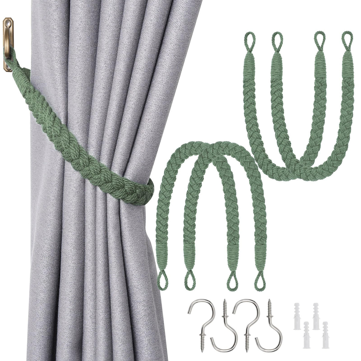 NICEEC 2 Pack Natural Cotton Rope Curtain Tiebacks Elegant Boho Style Decorative Drape Tie Backs Soft Hand-Woven Rope Curtain Holdbacks with Metal Hook for Home & Office Drapery (Coffee)