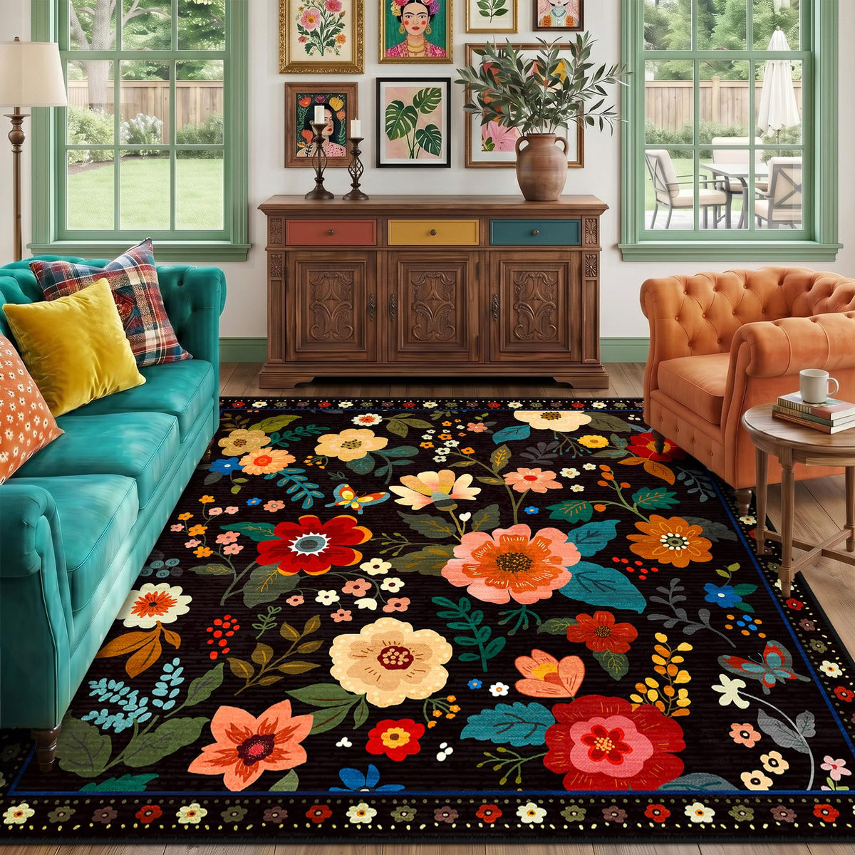 RELEANY Floral Washable 5x7 Area Rugs Black