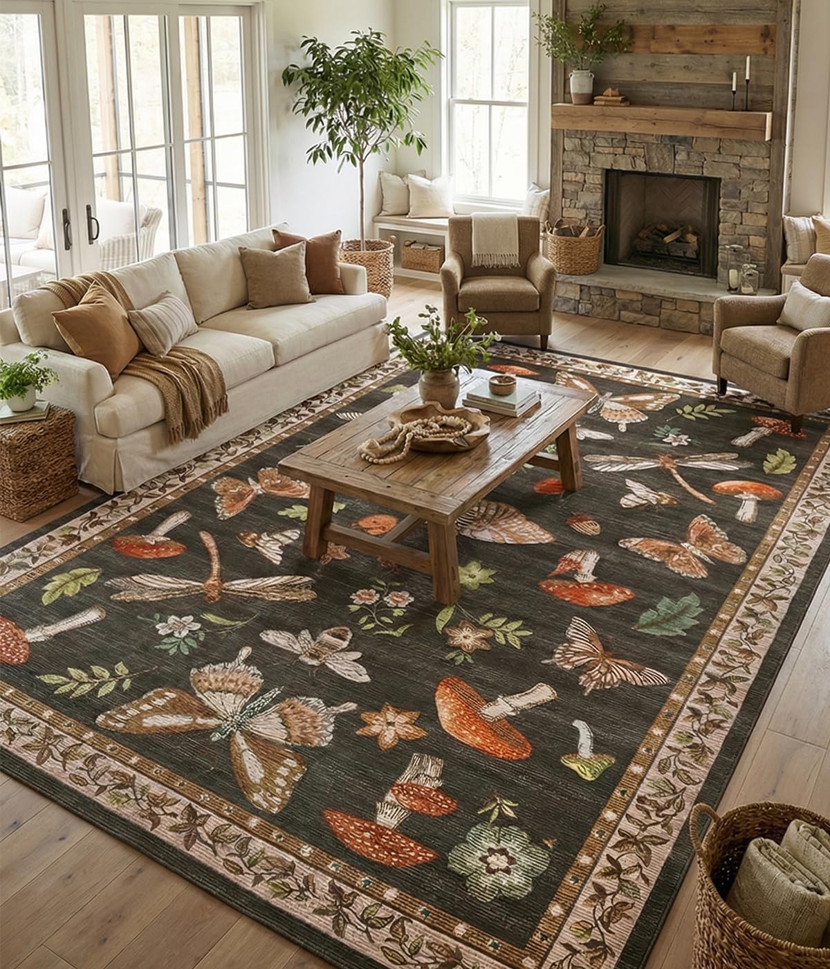 ROYHOME Mushroom Insect Washable Rug 5x7 for Bedroom Living Room Brown