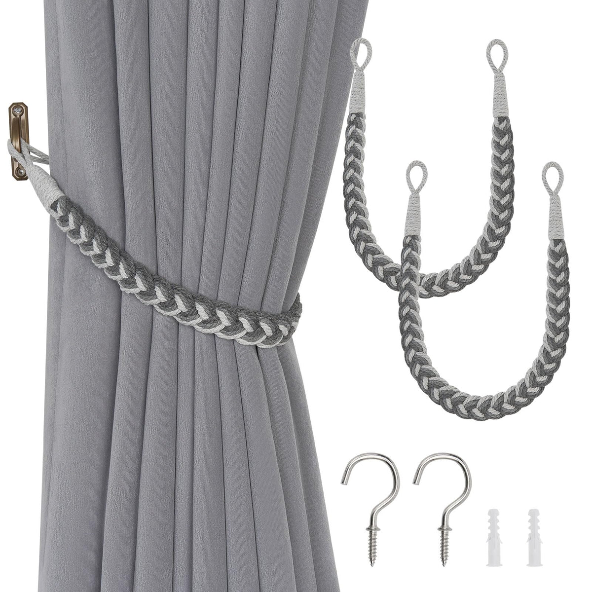 NICEEC 2 Pack Natural Cotton Rope Curtain Tiebacks Elegant Boho Style Decorative Drape Tie Backs Soft Hand-Woven Rope Curtain Holdbacks with Metal Hook for Home & Office Drapery (Coffee)