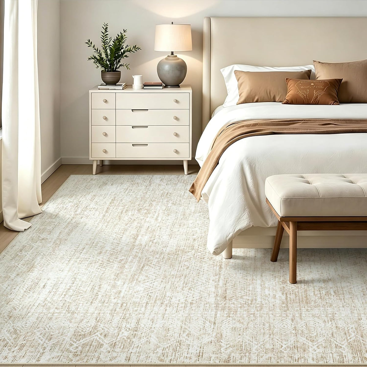 8x10 Area Rugs, Beige Washable Geometric Boho Rug for Living Room, Bedroom
