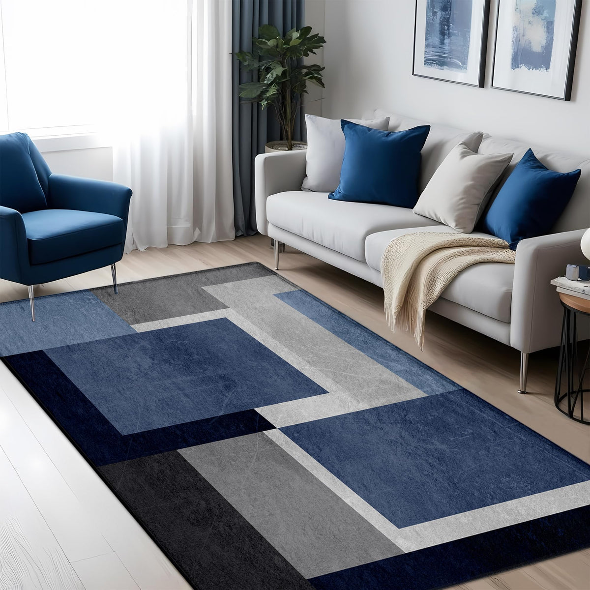 Washable Low-Profile Geometric Area Rug, 0.2 inch Thin Abstract Rug Design for Living Room & Bedroom Decor, 5x7 ft Blue Grey Modern Non-Slip Floor Rug