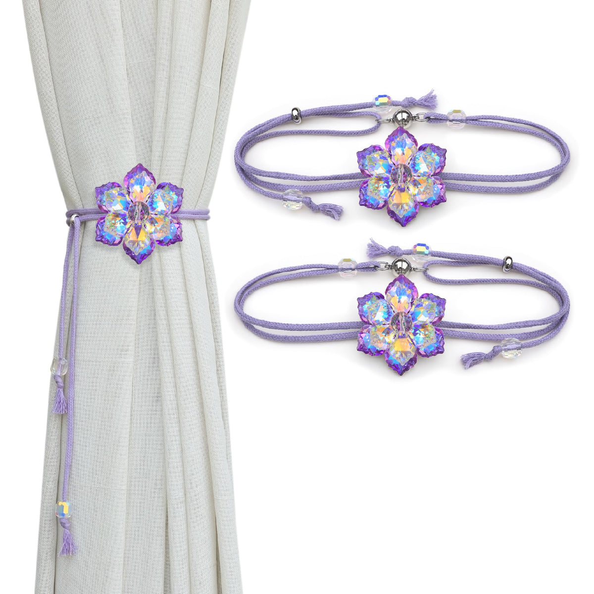 Magnetic Curtain Tiebacks, Crystal Flower Adjustable Rope Curtain Tie Backs, 2 Pack Boho Farmhouse Drapes Sheers Holdbacks for Window Home Decor (Gold)