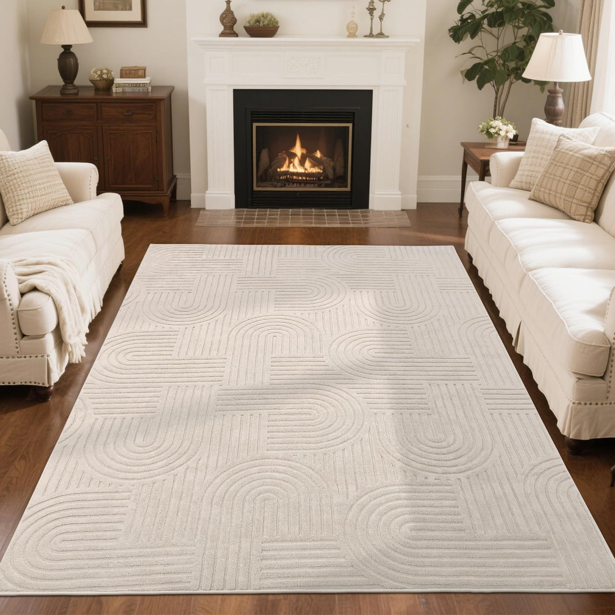 SHACOS Soft Cozy Fluffy Arch Pattern High-Low Pile Textured Area Rug 5'3"x7'3" Non Slip Washable Modern Geometric Rug Stain Resistant Contemporary Carpet for Living Room Bedroom Dining Room, Beige