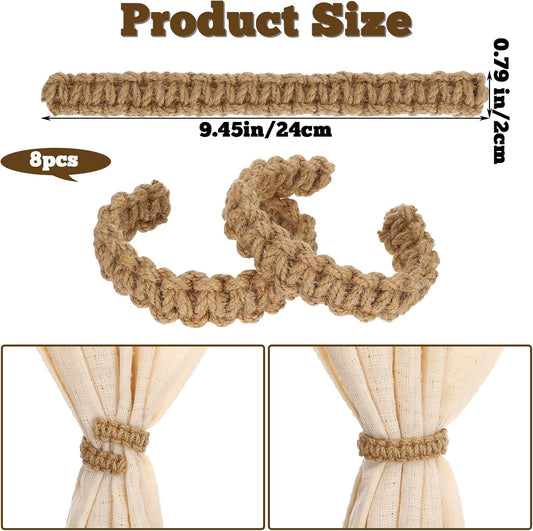 8 Pack Braided Curtain Tieback Rustic Drapes Holdback Boho Curtain Tie Backs Farmhouse Curtains Tie Holder Handmade Drape Rope Tieback for Home Office Sheer Weight Decor Drapery Straps Indoor