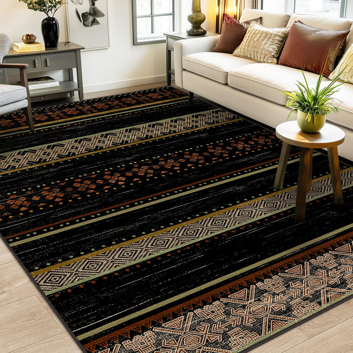 8x10 Washable Area Rugs for Living Room Boho Bedroom Rug Black/Brown