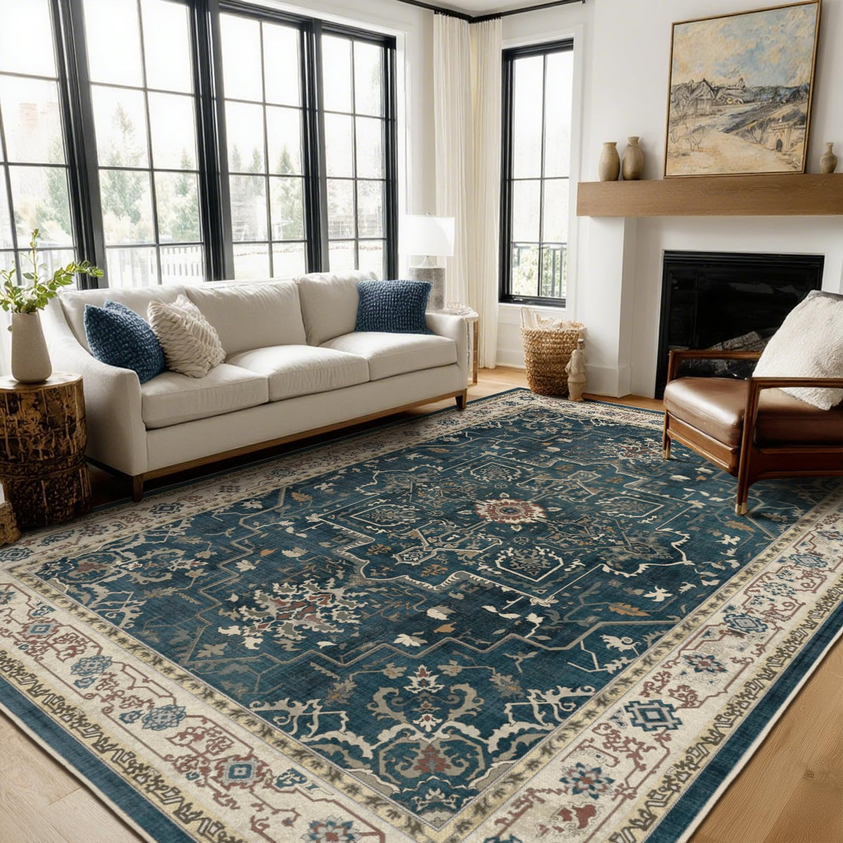 Vintage Distressed 5x7 Area Rugs for Living Room Bedroom Non Slip Washable, Medallion Pattern Printed Low Pile Thin Carpet Rugs for Dining Room/Kitchen/Home Office, Multi Brown Olive Accents