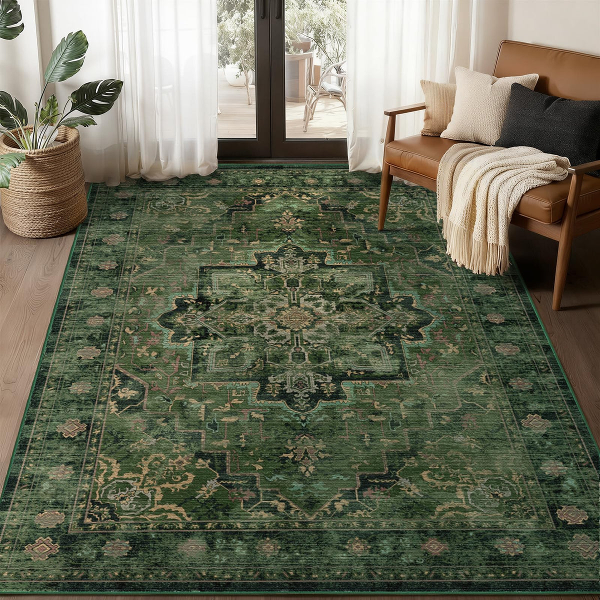 Vintage Distressed 5x7 Area Rugs for Living Room Bedroom Non Slip Washable, Medallion Pattern Printed Low Pile Thin Carpet Rugs for Dining Room/Kitchen/Home Office, Multi Brown Olive Accents
