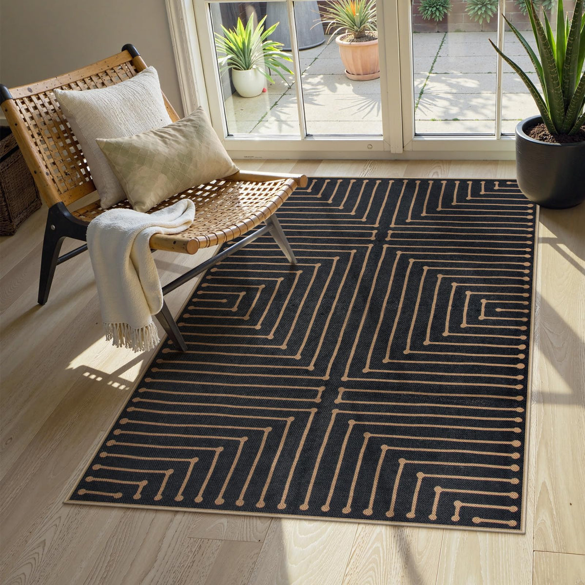 Lahome Modern Rainbow Easy Jute Carpet, Washable 5x7 Area Rugs for Living Room Patio Black Farmhouse Indoor Outdoor Rugs, Contemporary Natural Non Slip Floor Carpet for Office RV Backyard