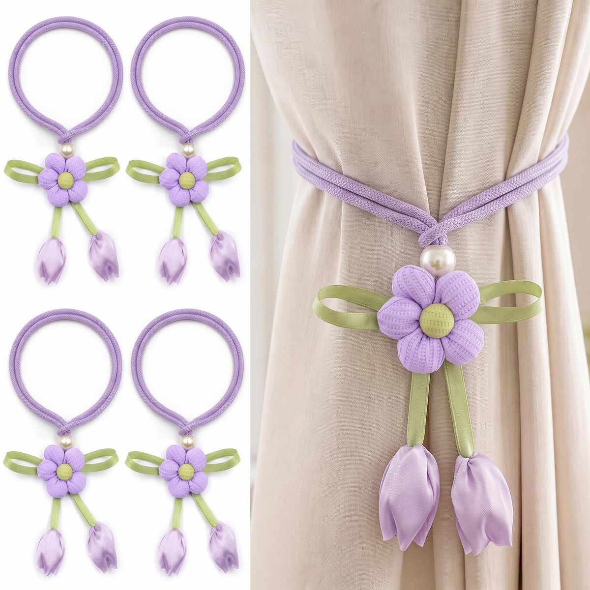Adjustable Curtain Tiebacks， 4-Pack Hand-Woven Rope with Silk Flower & Pearl， Decorative Window Cord Holders for Drapery， Long Loop Design for All Curtain Thickness (Purple)