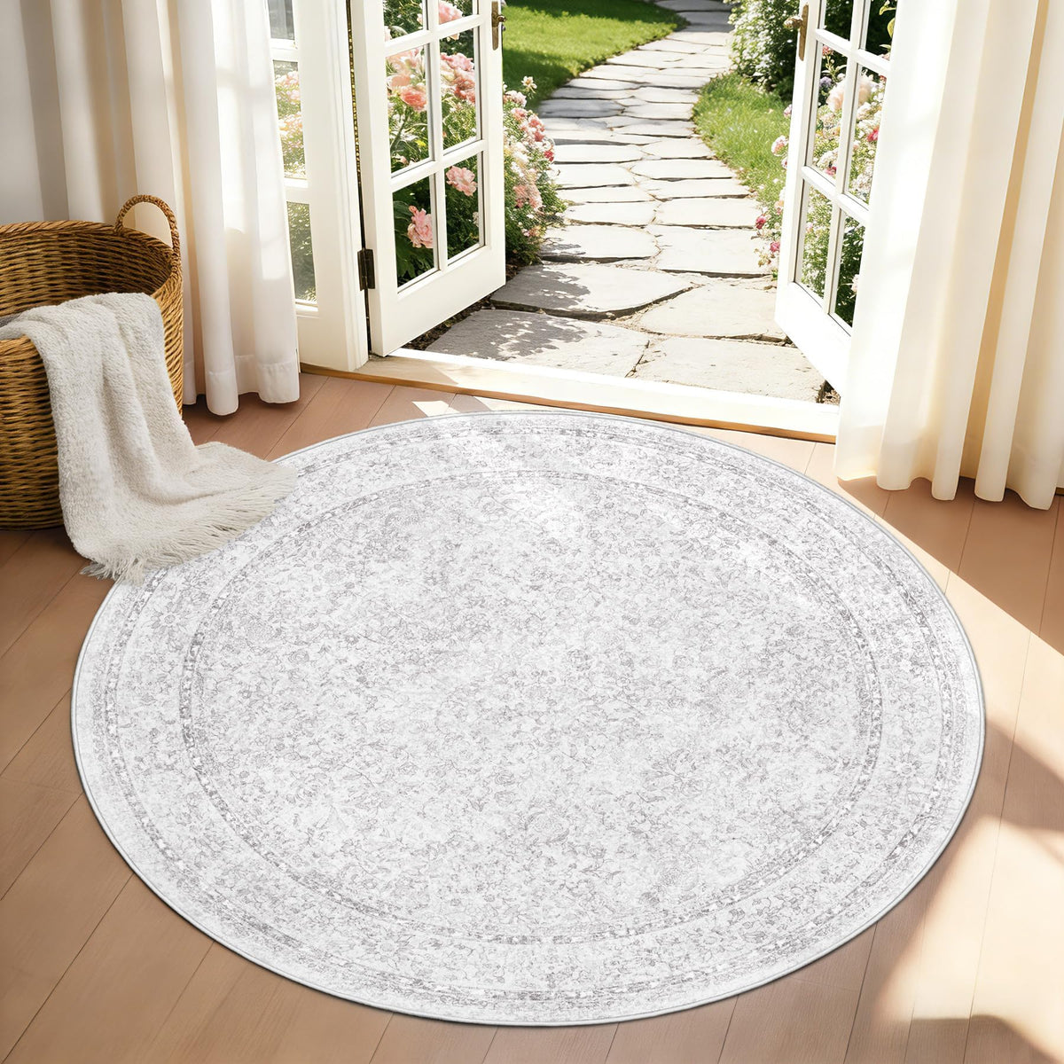 Bedroom Rug Washable Large Area Rugs Foldable Low Pile Print Non Slip Boho Patterned Rugs for Bedroom Living Room Dining Home Office (Floral Beige, 5'x7')