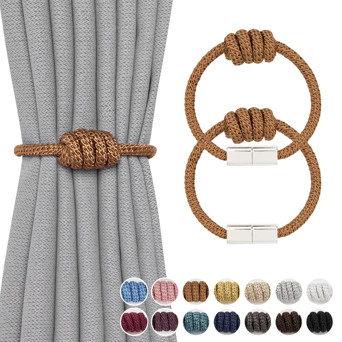 NICEEC 2 Pack Mini Magnetic Curtain Tiebacks Modern Simple Style Drape Tie Backs Elegant Hand Weave Rope Knot Decorative Curtain Holdbacks for Home & Office Window Drapery (Dark Grey)