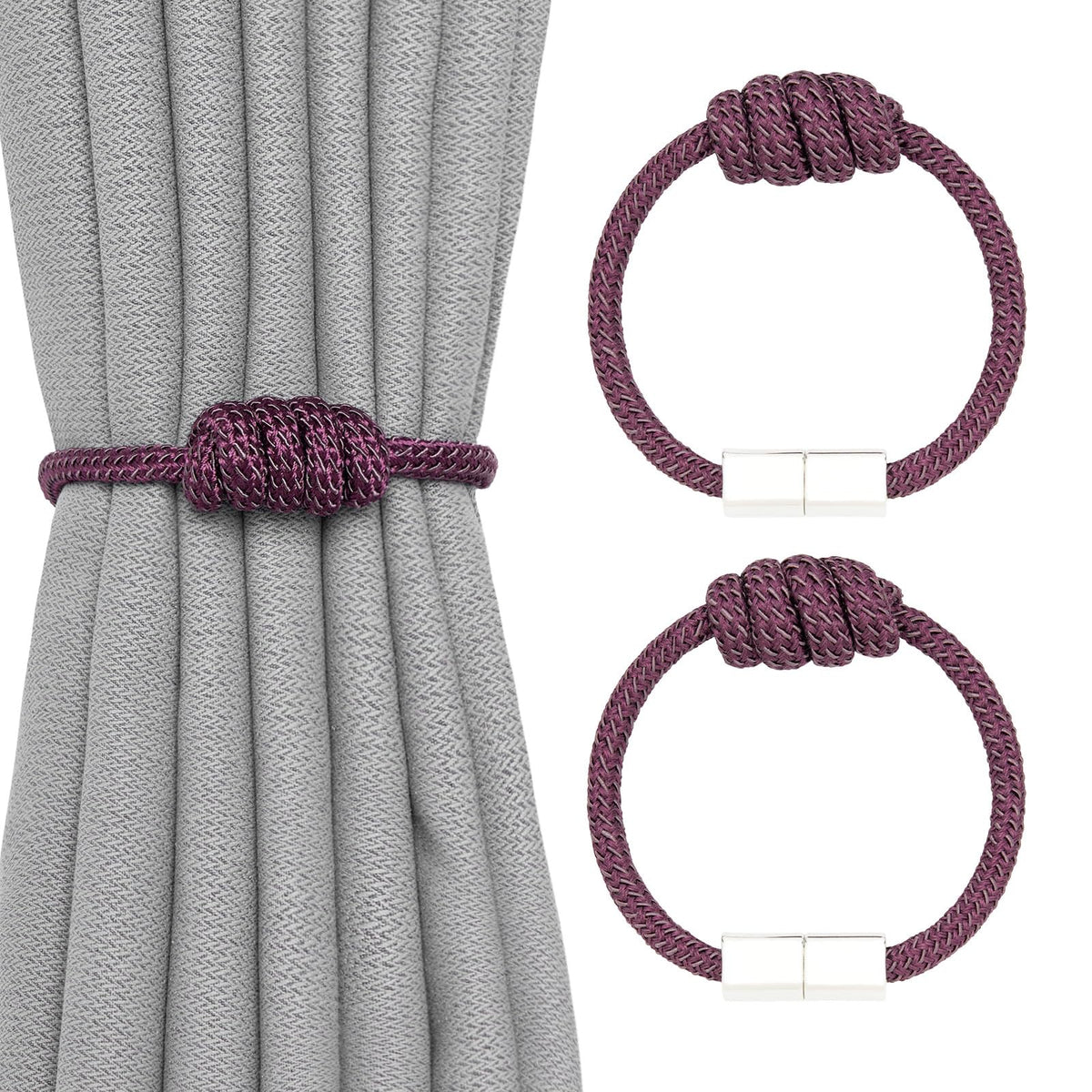NICEEC 2 Pack Mini Magnetic Curtain Tiebacks Modern Simple Style Drape Tie Backs Elegant Hand Weave Rope Knot Decorative Curtain Holdbacks for Home & Office Window Drapery (Dark Grey)