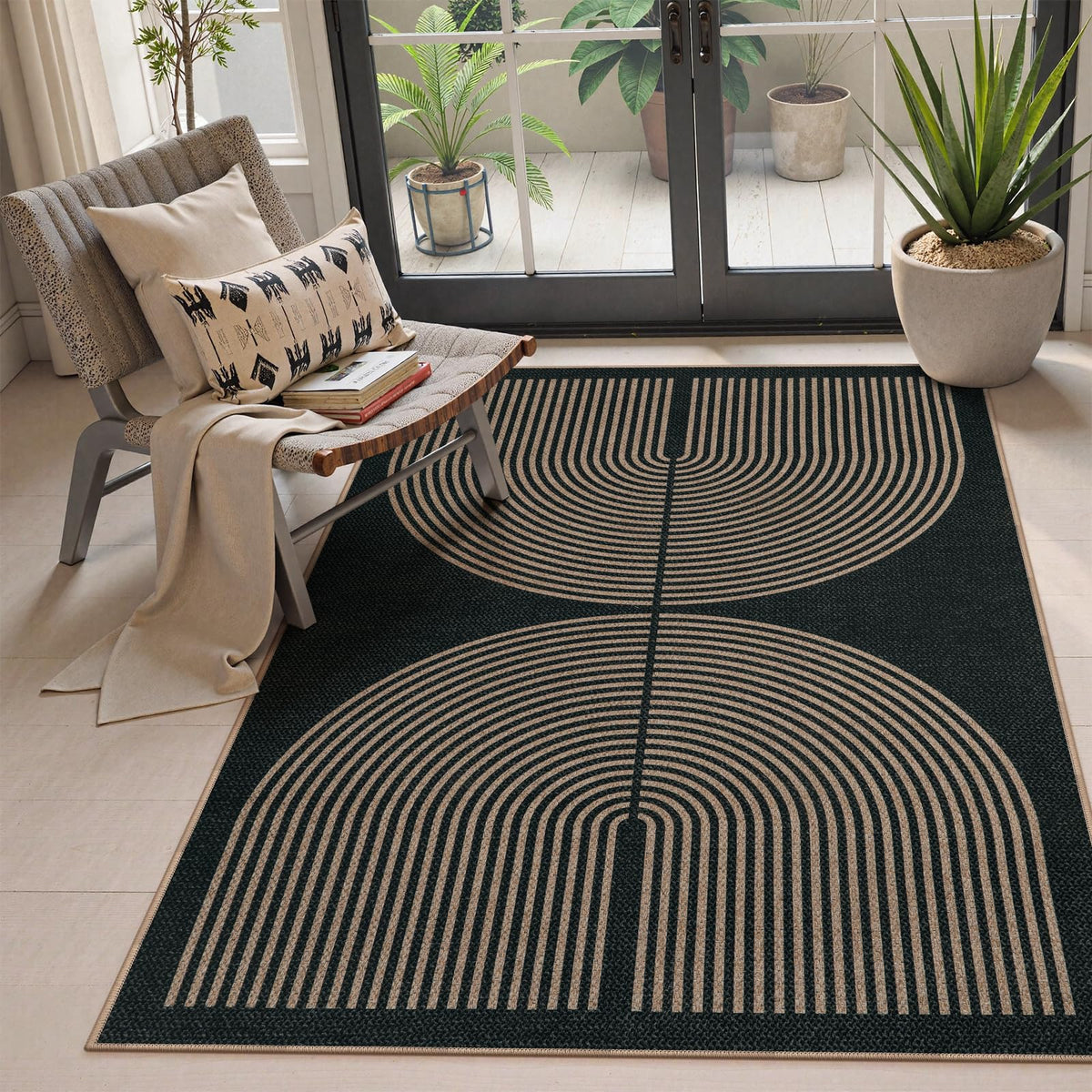 Lahome Modern Rainbow Easy Jute Carpet, Washable 5x7 Area Rugs for Living Room Patio Black Farmhouse Indoor Outdoor Rugs, Contemporary Natural Non Slip Floor Carpet for Office RV Backyard