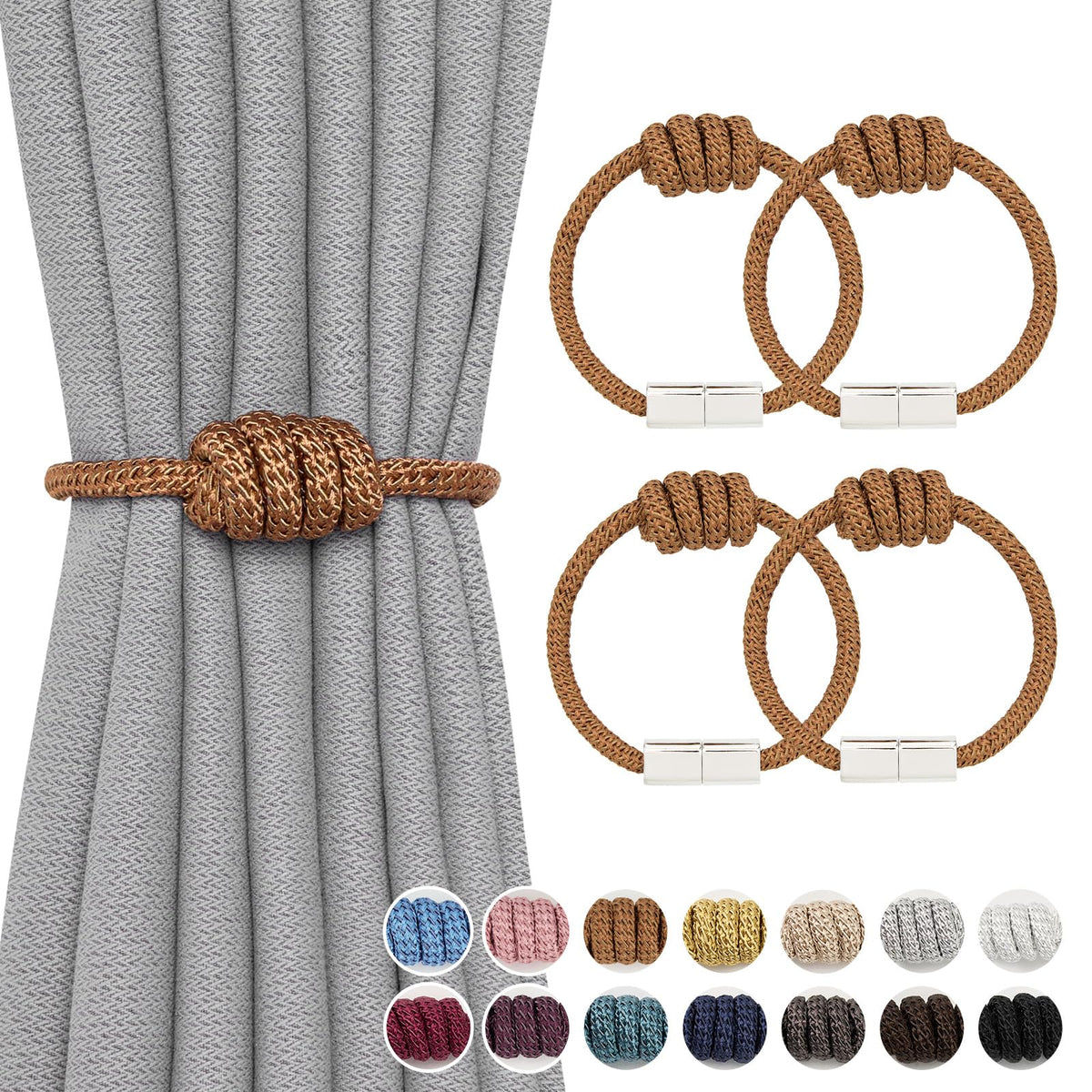 NICEEC 2 Pack Mini Magnetic Curtain Tiebacks Modern Simple Style Drape Tie Backs Elegant Hand Weave Rope Knot Decorative Curtain Holdbacks for Home & Office Window Drapery (Dark Grey)