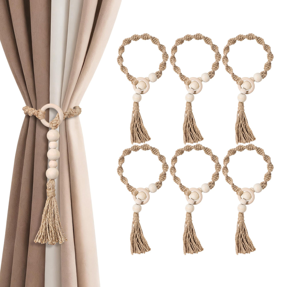 Macrame Curtain Tiebacks with Wooden Beads, Jute Rope Boho Holdbacks with Tassels, Natural Beige, 4-PCS (4)