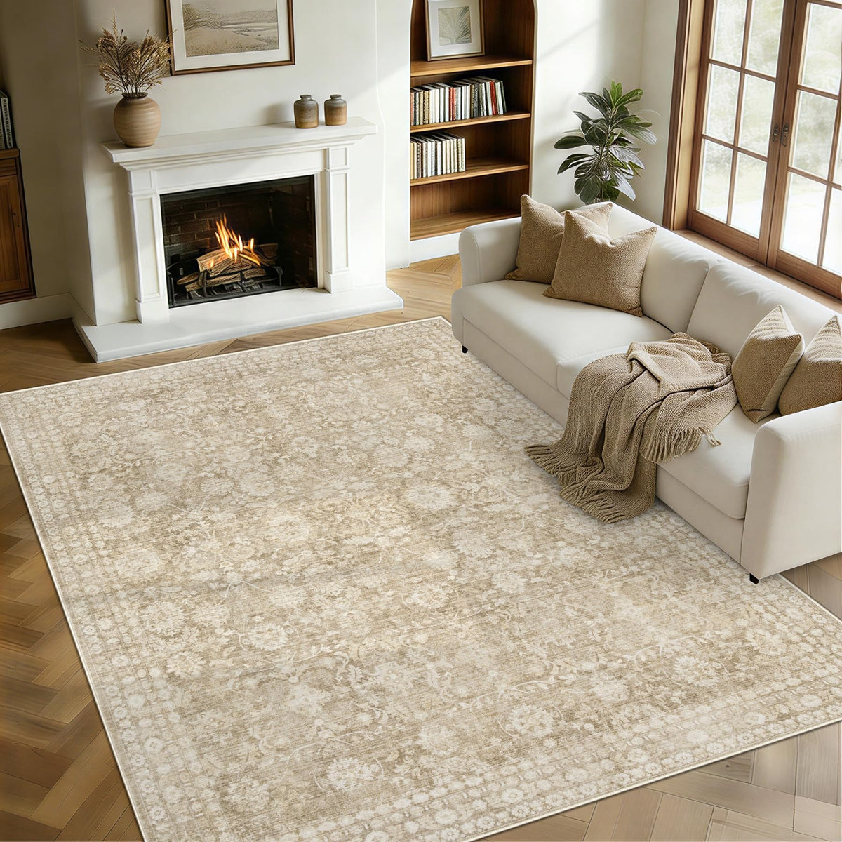 Bedroom Rug Washable Large Area Rugs Foldable Low Pile Print Non Slip Boho Patterned Rugs for Bedroom Living Room Dining Home Office (Floral Beige, 5'x7')