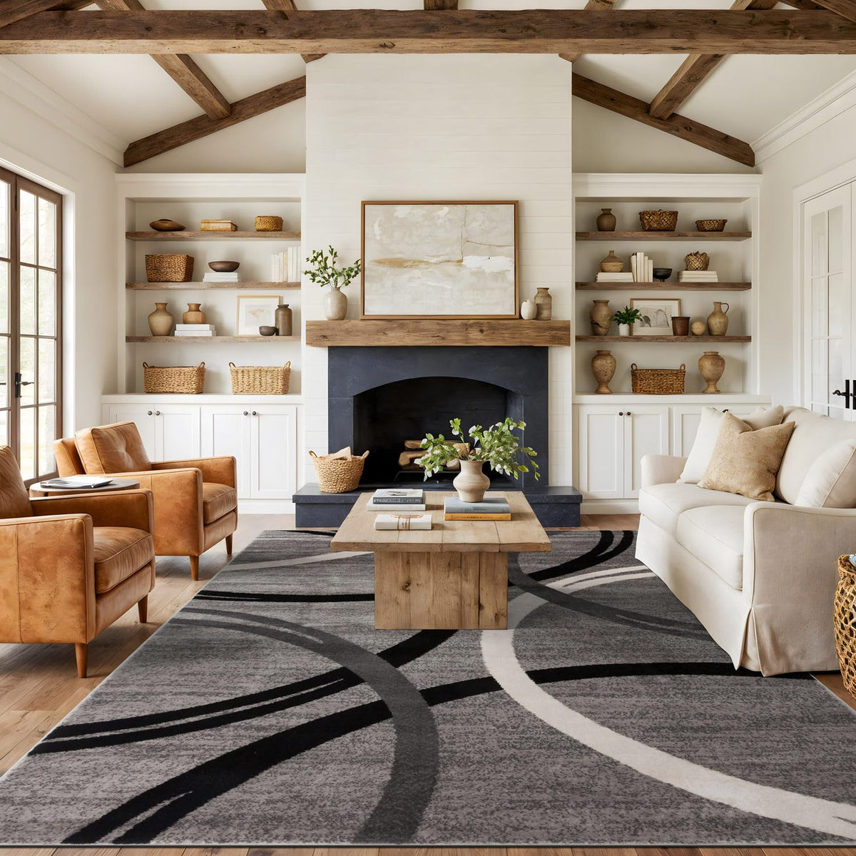 Rugshop Wavy Circles Fade-Resistant Living Room Area Rug Gray 5'3" x 7'3"