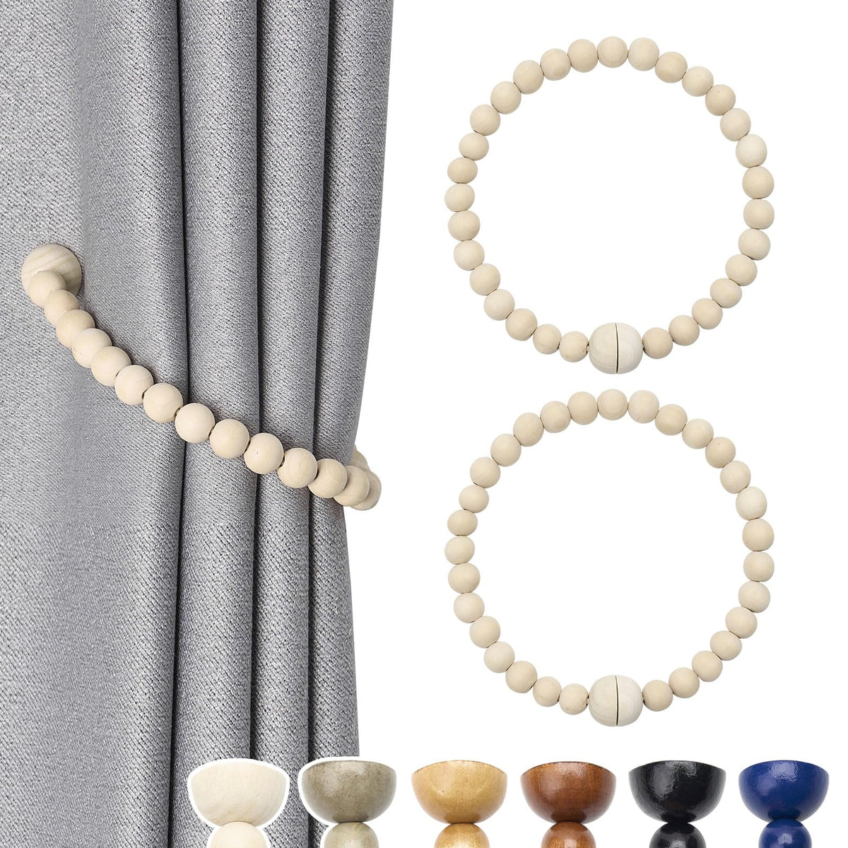NICEEC 2 Pack Wood Bead Curtain Tiebacks Boho Farmhouse Decor Drape Tie Backs Strong Magnetic Natural Wooden Beaded Curtain Holdbacks for Home & Office Outdoor Window Draperies (Coffee)