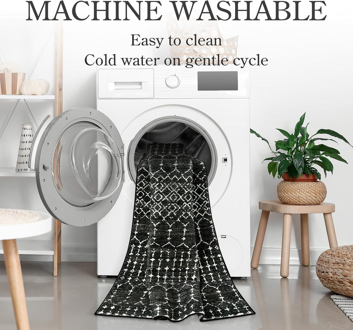 Lahome Moroccan Black Area Rug for Living Room 3x5 Non-Slip Washable Stain Resistant Large Kitchen Rugs Throw Low-Profile Soft Bedroom Carpet Geometric Print Rug for Entryway Dining Room Hana