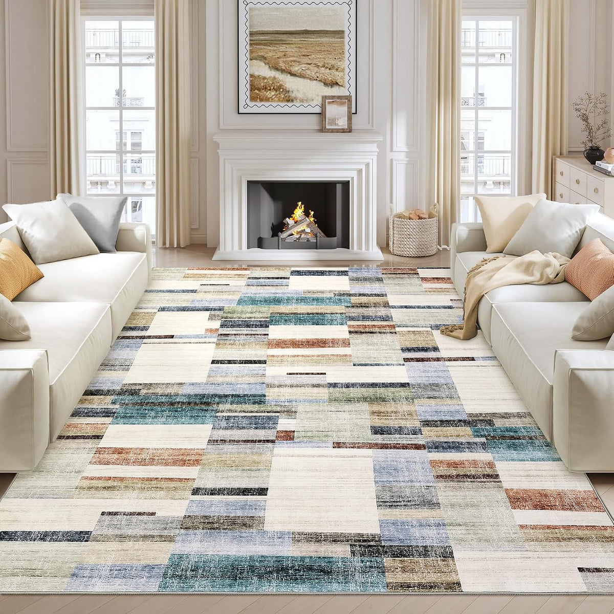 Large Living Room Rugs 8x10 Area Rugs Machine Washable Modern Geometric Neutral Rug Non Slip Low Pile Farmhouse Stain Resistant Carpet for Bedroom Nursery Classroom Dorm 8'x10' Multi