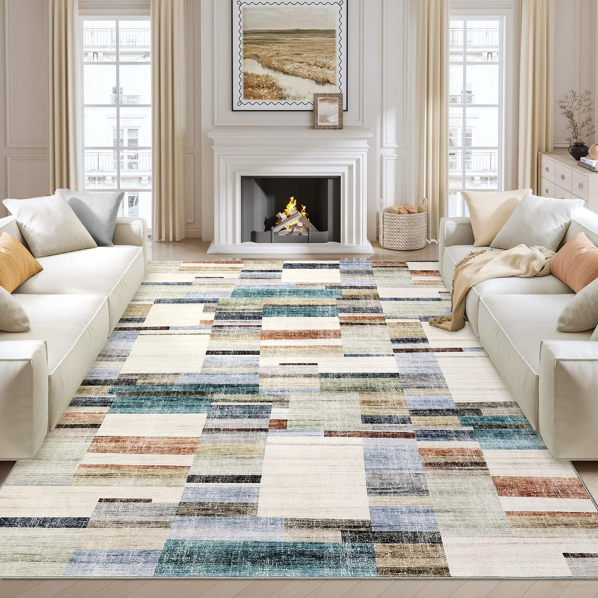 Large Living Room Rugs 8x10 Area Rugs Machine Washable Modern Geometric Neutral Rug Non Slip Low Pile Farmhouse Stain Resistant Carpet for Bedroom Nursery Classroom Dorm 8'x10' Multi