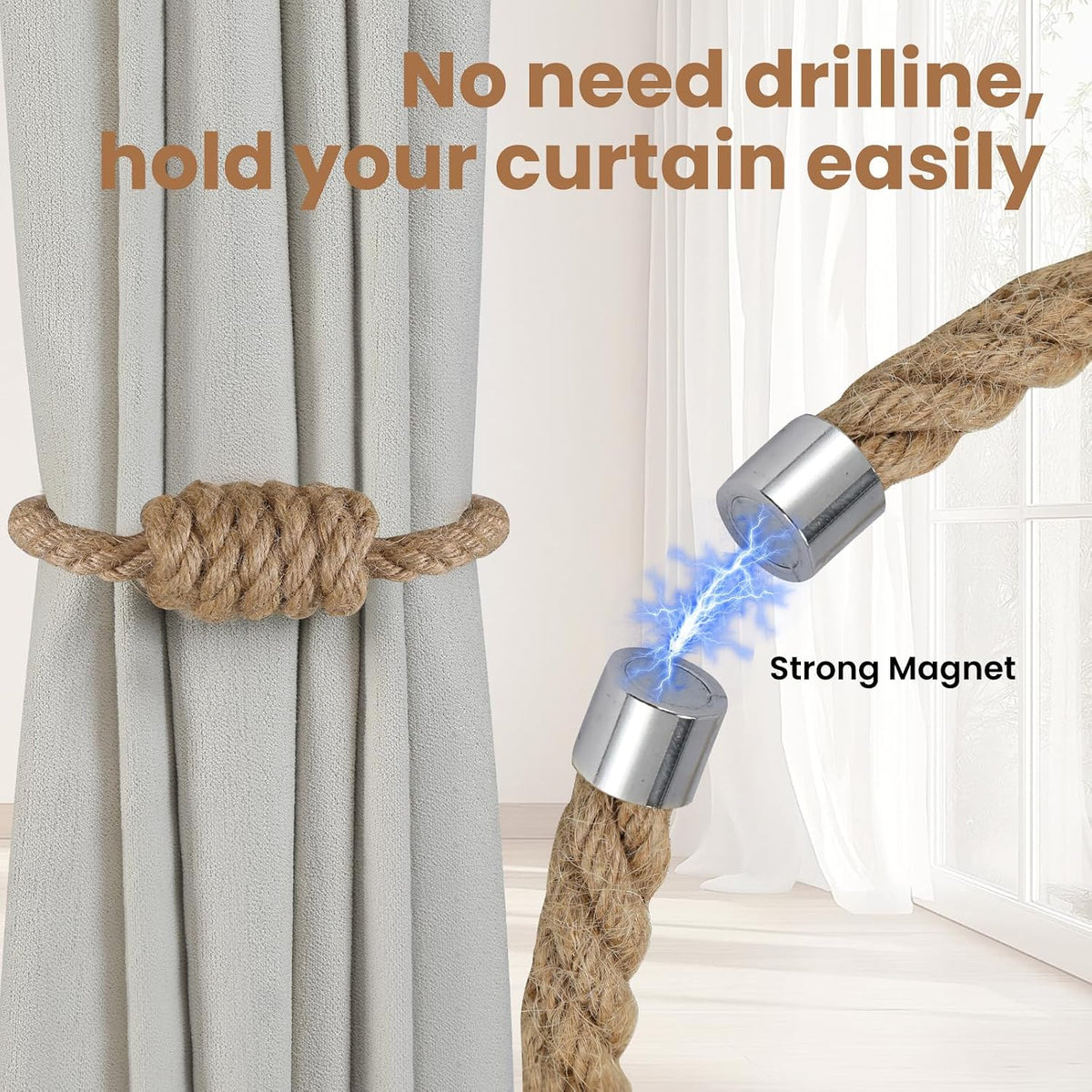 Magnetic Curtain Tiebacks, 2 Pack Jute Curtain Holdbacks, Elegant Hand Weave Rope Knot Curtain Tie Backs, Boho Curtain Tiebacks for Bedroom Room Nursery Decor