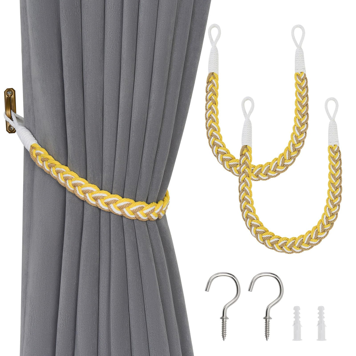 NICEEC 2 Pack Natural Cotton Rope Curtain Tiebacks Elegant Boho Style Decorative Drape Tie Backs Soft Hand-Woven Rope Curtain Holdbacks with Metal Hook for Home & Office Drapery (Coffee)