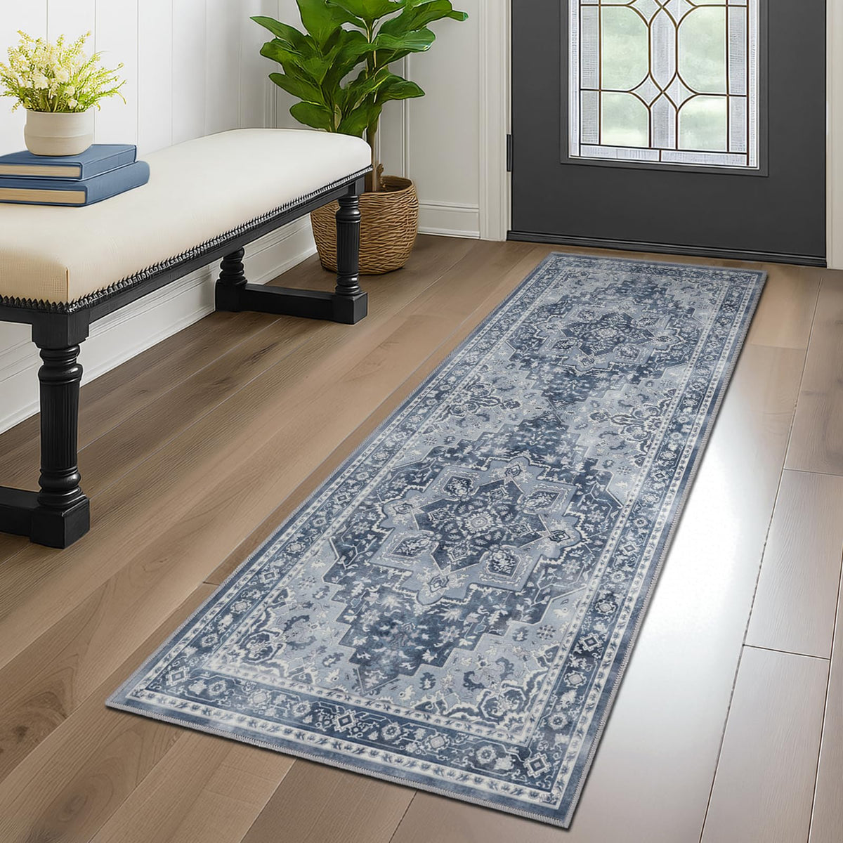 Vintage Distressed 5x7 Area Rugs for Living Room Bedroom Non Slip Washable, Medallion Pattern Printed Low Pile Thin Carpet Rugs for Dining Room/Kitchen/Home Office, Multi Brown Olive Accents