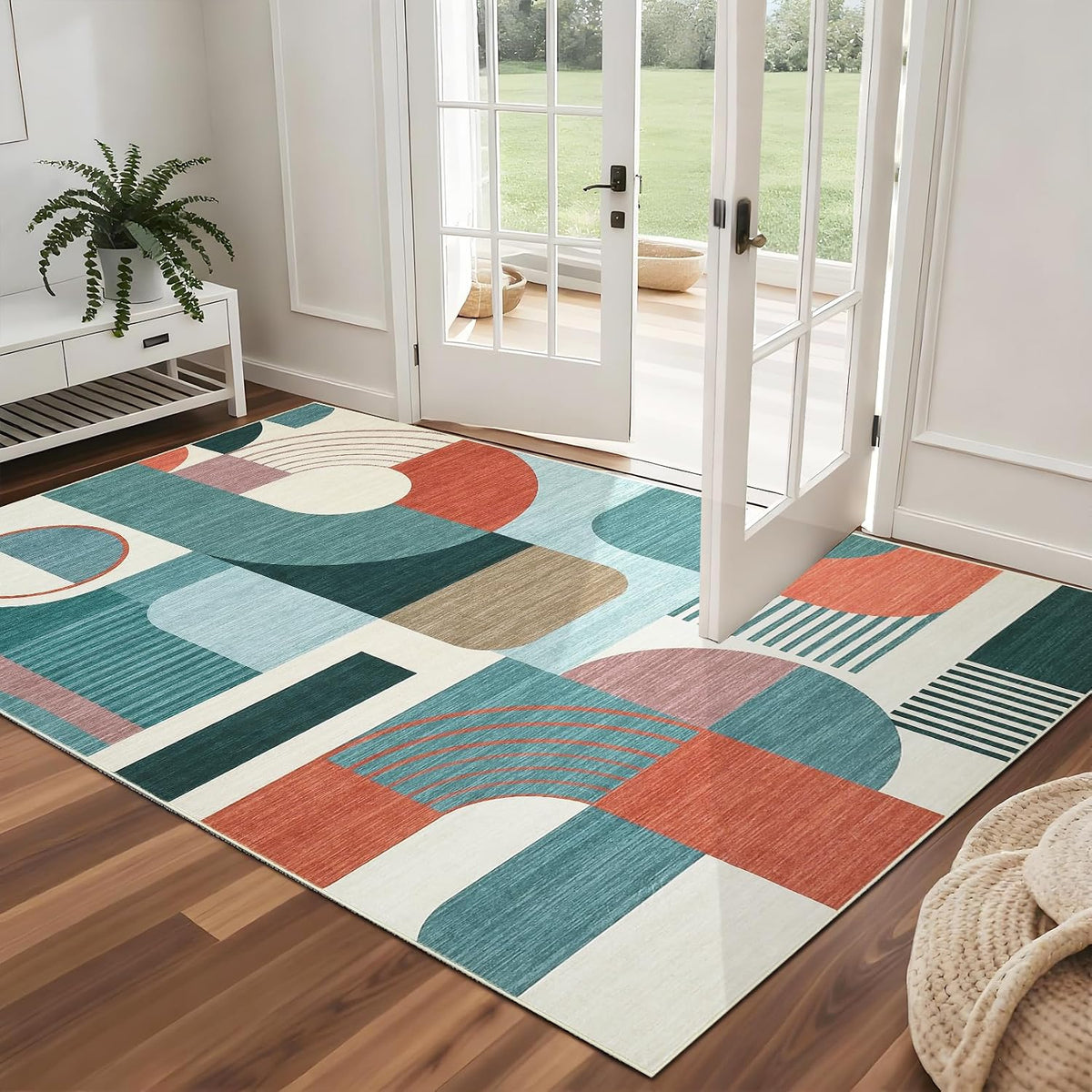 3x5 Washable Rug for Bedroom, Boho Geometric Small Area Rugs for Living Room Entryway Soft Low Pile Non-Slip Indoor Rug for Playroom Dorm, Blue Multi, 3'x5'
