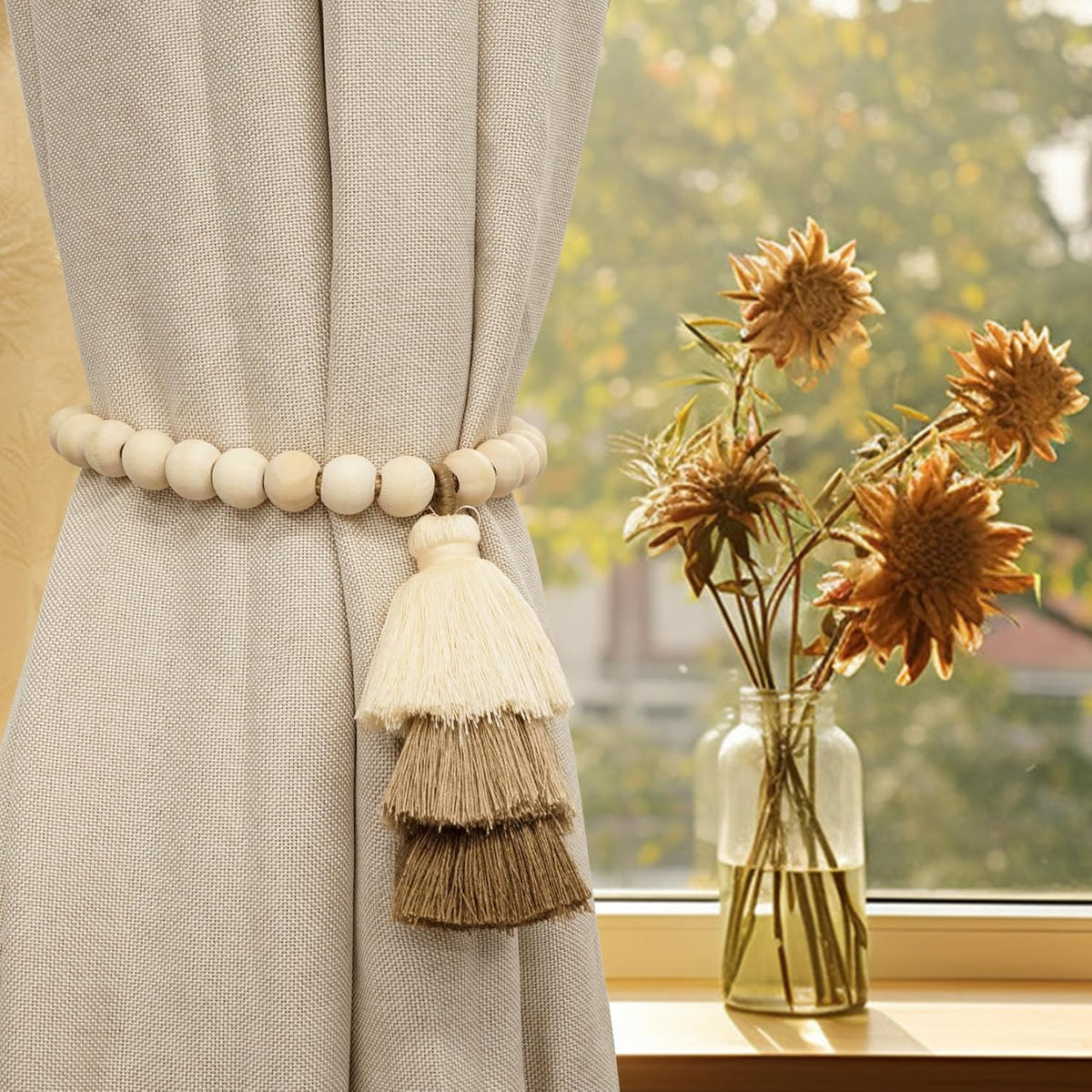Magnetic Curtain Tiebacks with Wood Beads, Boho Rope Drapery Holdbacks with Triple Tassels, No Drill Curtain Holders for Farmhouse Bedroom, Living Room or Nursery, 2 Pack, Beige Taupe Brown