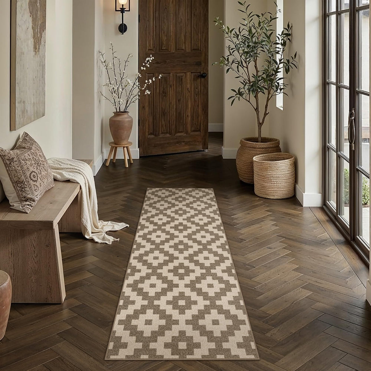 PureCozy 8x10 Washable Area Rug Living Room Beige Non Slip Checkered Carpet