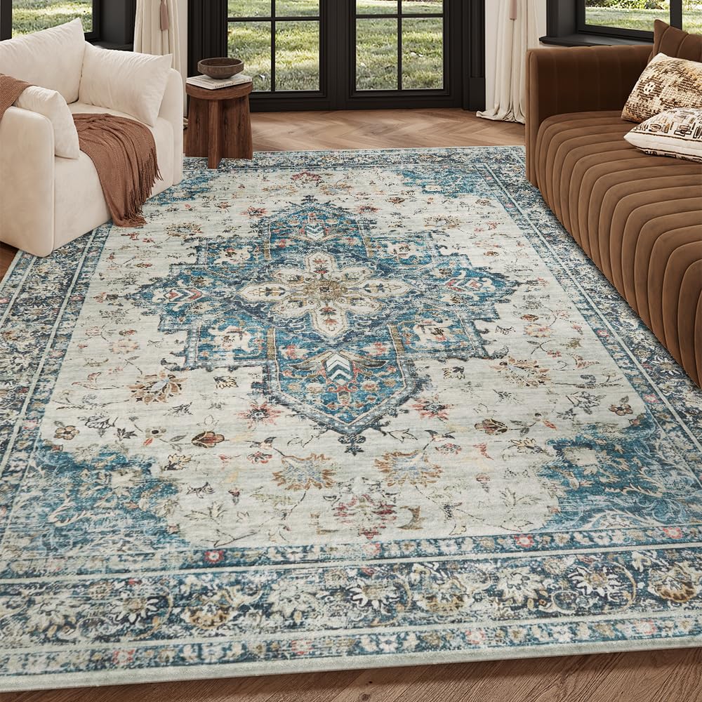 8x10 Reddish Brown Washable Area Rug for Living Room, Vintage Print