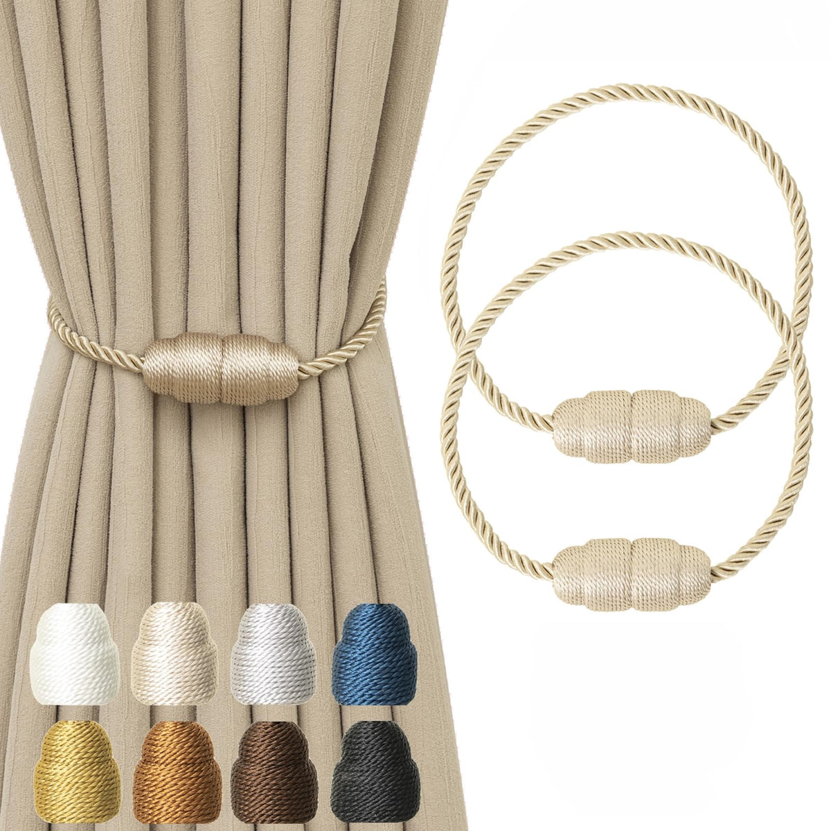 Magnetic Curtain Tiebacks Rope Curtain Tie Backs for Curtains 6 Pack Curtain Holders for Drapes Decorative Window Curtain Holdbacks, Gold