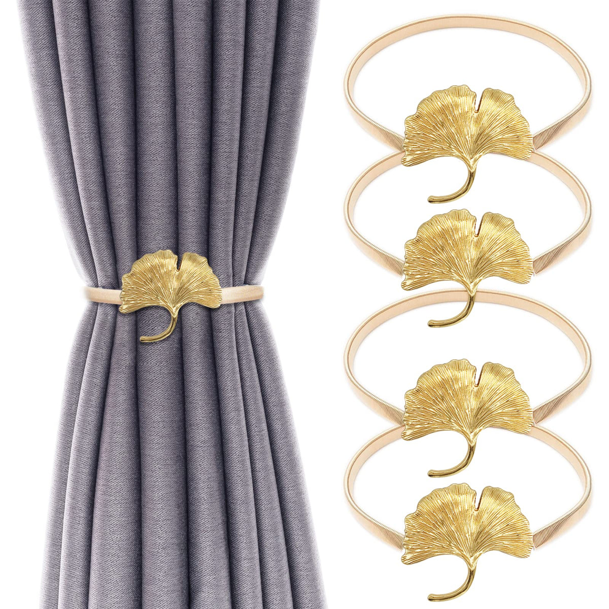4Pack Curtain Tiebacks Aluminum Alloy Spring Design Curtain Holdback Leaf Carving Design Curtain Ties for Drapes Curtain Ties Backs Curtain Modern Style Curtain Holdback Decor(Gold Leaf)