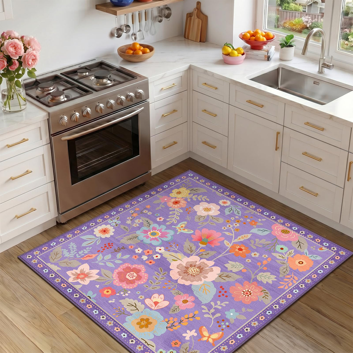 RELEANY Floral Washable 5x7 Area Rugs Black